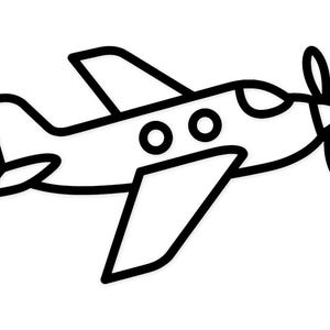 May include: A black and white line drawing of a small aeroplane. The aeroplane has two wings, a propeller, and two circular windows. The design is simple and cartoon-like, suitable for various applications.