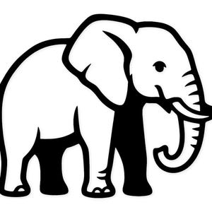 May include: A black and white illustration of an elephant. The elephant is shown in profile, with its trunk curled. The image has a simple, minimalist design, suitable for various applications.