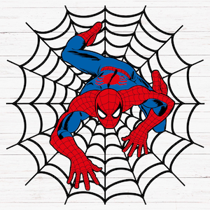 Può includere: Illustrazione grafica di Spider-Man in una posa classica, su una ragnatela nera. Il supereroe è raffigurato nella sua iconica tuta rossa e blu, con le mani tese. La ragnatela è un audace contorno nero.