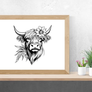 May include: Black and white line art illustration of a Highland cow with a flower in its hair. The cow is looking directly at the viewer.