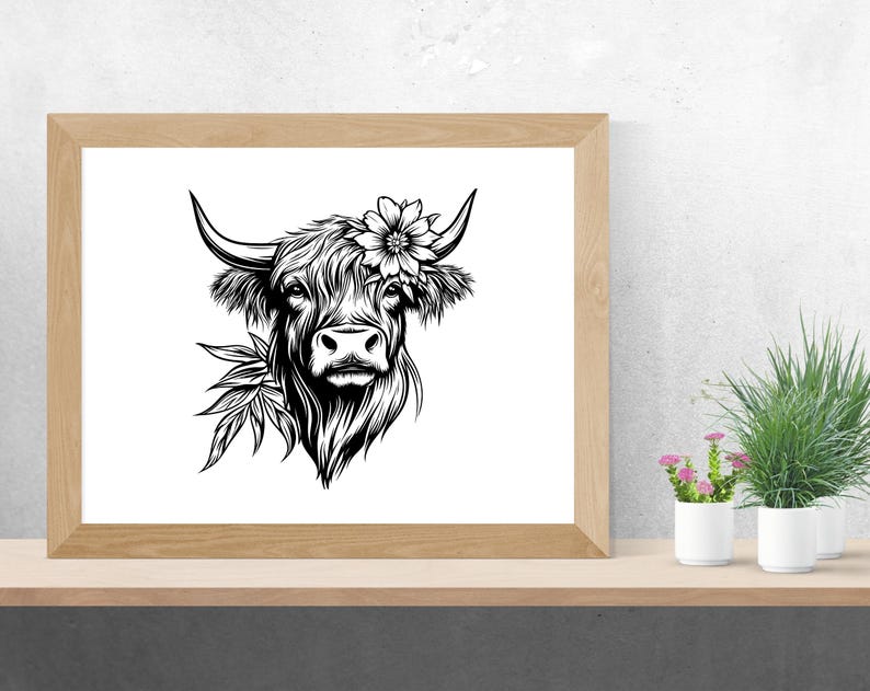 May include: Black and white line art illustration of a Highland cow with a flower in its hair. The cow is looking directly at the viewer.