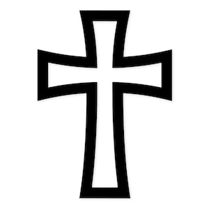 Könnte beinhalten: Ein schwarz-weißes christliches Kreuz-Design. Das Kreuz hat einen dicken schwarzen Umriss mit einem weißen Innenraum. Das Kreuz ist auf einem weißen Hintergrund zentriert. Das Design ist einfach und kühn.