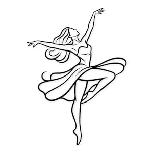Puede incluir: Un dibujo lineal en blanco y negro de una bailarina en una pose elegante. La bailarina está representada con cabello y vestido fluidos, brazos extendidos, una pierna extendida en punta y la otra doblada.