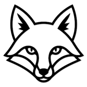 May include: A black and white graphic of a fox's face. The fox is depicted in a minimalist style with clean lines, featuring pointed ears, almond-shaped eyes, and a triangular nose. The design is suitable for various applications.
