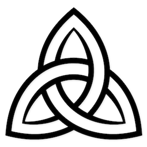 May include: A black and white Celtic knot symbol, also known as a triquetra, against a white background. The design features three interconnected arcs, forming a continuous loop. The lines are thick and bold, creating a striking visual.
