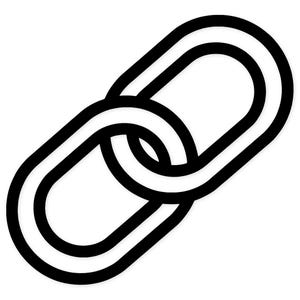 Puede incluir: Gráfico en blanco y negro de dos eslabones de cadena entrelazados. Los eslabones están delineados con un trazo negro grueso, creando un diseño simple. El fondo es blanco.