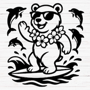 Puede incluir: Una ilustración en blanco y negro de un oso con gafas de sol y un collar de flores, montando una tabla de surf con delfines nadando a su alrededor.