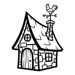 Może przedstawiać: Czarno-biała ilustracja fantazyjnego domku. Domek ma kamienną fasadę, okrągłe okno i drzwi. Na kominie znajduje się kogut-wiatrowskaz. Dach jest stromo nachylony, a ogólny projekt jest kreskówkowy.