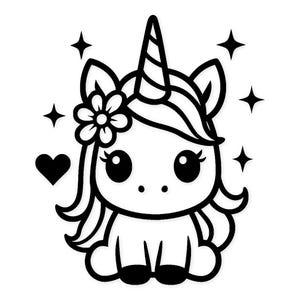 Pode incluir: Ilustração em preto e branco de um unicórnio fofo com uma flor no cabelo, um coração e estrelas. O unicórnio tem um chifre, olhos grandes e está sentado. O estilo é de desenho animado.