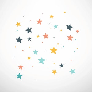 Peut inclure: Un ensemble d'étoiles dessinées à la main, de différentes tailles et couleurs, notamment turquoise, corail, jaune et bleu marine, sur fond blanc. Le motif est ludique et fantaisiste.