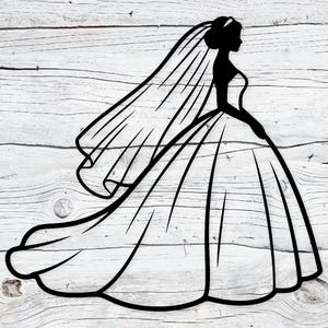 Può includere: Silhouette nera di una sposa in abito da sposa e velo. La sposa è vista di profilo, con i capelli raccolti e una tiara. L'abito ha un corpetto aderente e una gonna ampia. Il velo scende sulla schiena.