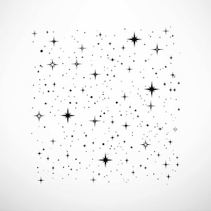 Puede incluir: Una ilustración en blanco y negro de un cielo nocturno con muchas estrellas de diferentes tamaños.