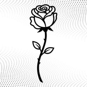 Può includere: Un'illustrazione a linee nere di una singola rosa con un lungo stelo, due foglie e spine. La rosa è centrata su uno sfondo bianco caratterizzato da un sottile motivo grigio chiaro di piccoli punti che creano un effetto ondulato.