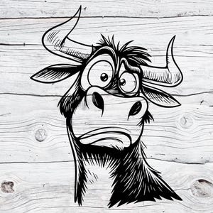 May include: A black and white cartoon illustration of a bull with a worried expression. The bull has large eyes, curved horns, and a furrowed brow, conveying a sense of anxiety or concern. The artwork is done in a sketch style.