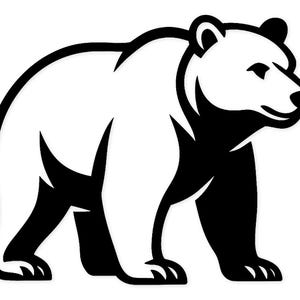 May include: A black and white graphic illustration of a bear in profile. The bear is rendered with strong black outlines and a white fill, highlighting its shape and details. The bear is shown standing on all fours.