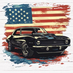 Retro Classic American Muscle Car PNG | Vintage USA Flag T-Shirt Design | Americana Nostalgia Clipart