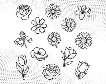 花の輪郭デジタルアート：SVG、PNG、DXFファイル形式のフローラルデザイン集
