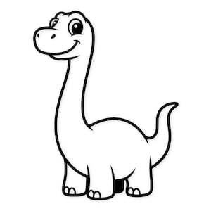 May include: A black and white cartoon illustration of a friendly dinosaur. The dinosaur has a long neck, a smiling face, and a curved tail. The image is a simple, clean design.