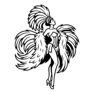 May include: Black and white illustration of a showgirl in a feathered headdress and elaborate costume. The showgirl is in a pose with one leg extended, and her arms are outstretched. The image is a vector graphic.