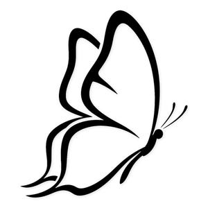 May include: A black and white illustration of a butterfly in profile. The butterfly's wings are outlined in thick black lines, with a curved shape. The antennae and body are also black, set against a white background.
