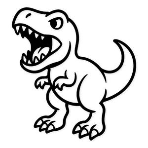 Może przedstawiać: Czarno-biała ilustracja kreskówkowa dinozaura Tyrannosaurus Rex z otwartą paszczą, ostrymi zębami i zakrzywionym ogonem. Dinozaur stoi na dwóch nogach i ma małe ramiona.