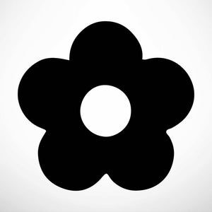 以下が含まれることがあります： 5枚の花びらと中央に白い円を持つ、黒いシルエットの花です。