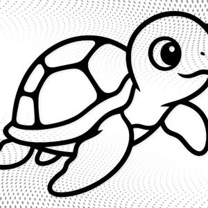 Könnte beinhalten: Schwarz-weiße Cartoon-Illustration einer Meeresschildkröte. Die Schildkröte hat ein detailliertes Schalenmuster und einen freundlichen Ausdruck. Das Bild ist vor einem gepunkteten Hintergrund platziert, was ihm ein skurriles Gefühl verleiht. Die Schildkröte schwimmt.