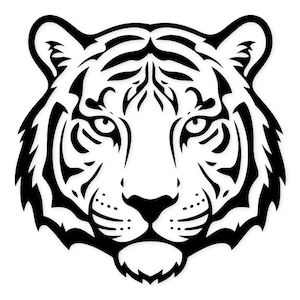 May include: A black and white illustration of a tiger's face, featuring detailed stripes and facial features. The tiger's eyes are open, and the design is symmetrical, with a focus on the animal's expression.