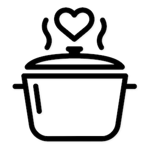 Peut inclure: Un dessin au trait noir et blanc d'une marmite avec un couvercle. De la vapeur s'élève de la marmite, et une forme de cœur est au-dessus de la vapeur. La marmite a deux poignées sur les côtés.