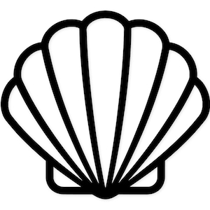 Può includere: Illustrazione in bianco e nero di una conchiglia. Il guscio è delineato in nero con segmenti bianchi all'interno. Il design è semplice e grafico.