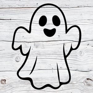 Peut inclure: Illustration d'un fantôme de dessin animé en noir et blanc. Le fantôme a un visage souriant avec deux yeux ovales et une bouche incurvée. Le corps du fantôme est de forme arrondie avec deux petits bras.