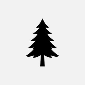 May include: A black silhouette of a fir tree on a white background. The tree has a triangular shape with layered branches and a straight trunk. The image is simple and graphic.