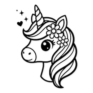 May include: Black and white illustration of a unicorn head with a spiraled horn, flowing mane, and floral accents. The unicorn has large eyes, a smiling expression, and is adorned with stars and a heart.