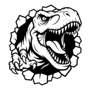 Könnte beinhalten: Schwarz-Weiß-Illustration eines Tyrannosaurus Rex-Kopfes, der durch eine Wand bricht. Das Maul des Dinosauriers ist geöffnet und zeigt scharfe Zähne und eine lange Zunge. Grafikdesign.