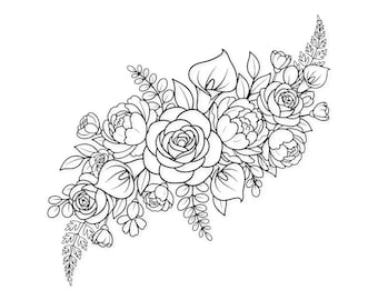 May include: A black and white floral illustration featuring roses, calla lilies, and other flowers and foliage. The design is a detailed line drawing, suitable for colouring or graphic design. The arrangement is asymmetrical.