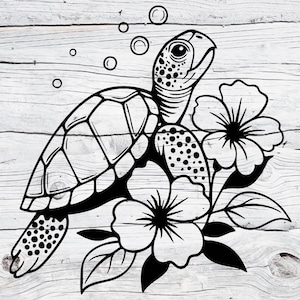 May include: Black and white illustration of a sea turtle with flowers and bubbles. The turtle has a detailed shell and is surrounded by stylized flowers and bubbles, creating a nature-themed design.