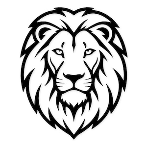 Op de afbeelding: Zwart-wit illustratie van een leeuwenkop, naar voren gericht. De leeuw heeft een gedetailleerde manen, een prominente neus en gefocuste ogen. De afbeelding is een grafisch ontwerp, geschikt voor diverse toepassingen.