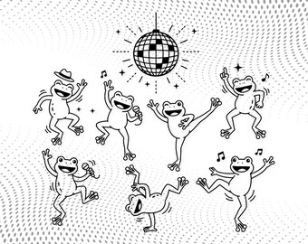 カエルが踊るアートワーク：白黒ベクターイラスト