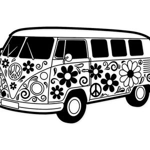 Könnte beinhalten: Schwarz-weiße Illustration eines Oldtimer-VW-Busses, verziert mit Blumen, Wirbeln und Friedenssymbolen. Der Bus hat große Fenster und ein abgerundetes Dach, was eine Retro-Hippie-Ästhetik hervorruft.