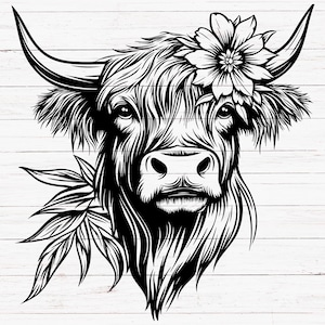 May include: Black and white line art illustration of a Highland cow with a flower on its head. The cow is looking directly at the viewer. The background is a white woodgrain pattern.