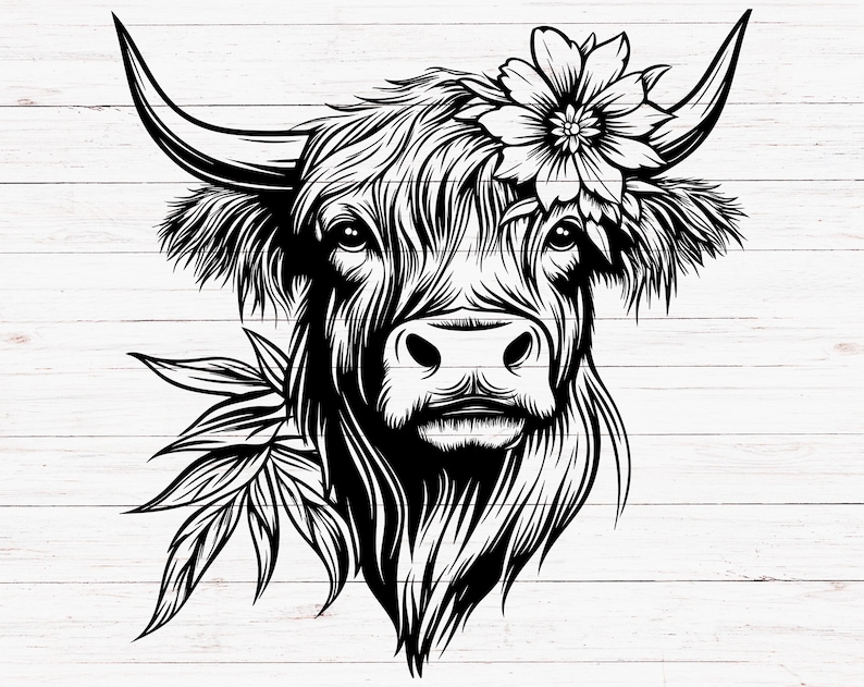 May include: Black and white line art illustration of a Highland cow with a flower on its head. The cow is looking directly at the viewer. The background is a white woodgrain pattern.