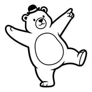 Peut inclure: Illustration en noir et blanc d'un ours de dessin animé portant un chapeau melon. L'ours est debout sur une jambe, les bras tendus, pointant avec une patte. L'ours a un grand ventre blanc.