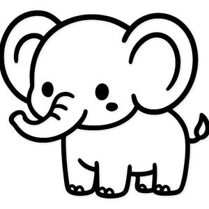 May include: A black and white cartoon illustration of a baby elephant. The elephant has large ears, a trunk, and a small tail. The elephant is standing on four legs and has a friendly expression.