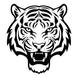 Peut inclure: Illustration en noir et blanc d'une tête de tigre rugissant. Le visage du tigre est orné de rayures et de dents acérées, sur fond blanc. Le design est audacieux et graphique, évoquant la force et la sauvagerie.