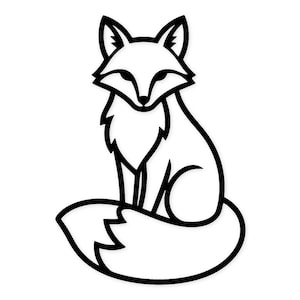 Könnte beinhalten: Schwarz-weiße Illustration eines sitzenden Fuchses. Der Fuchs hat spitze Ohren, eine flauschige Brust und einen gebogenen Schwanz. Das Design ist einfach und grafisch, mit klaren Linien und einer minimalistischen Ästhetik.