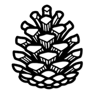May include: A black and white illustration of a pine cone. The pine cone is depicted in a detailed, stylized manner, with each scale and segment clearly defined. The design is symmetrical and graphic.