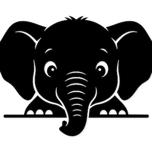 May include: A black and white illustration of an elephant's face. The elephant has large ears, a long trunk, and big eyes. The elephant is smiling and appears to be peeking over a horizontal line.