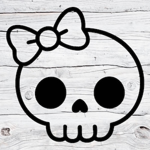 May include: A black outline illustration of a skull with large black eye sockets and a small nose. A bow is on top of the skull. The image is set against a white and grey wood grain background.