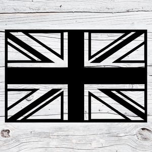 May include: A black and white Union Jack flag design. The flag features a black outline and a solid black design on a white wooden background. The flag's design includes the cross of St. George, the cross of St. Andrew, and the cross of St. Patrick.