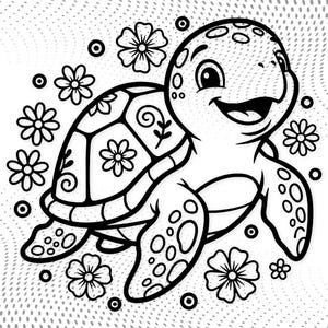 Könnte beinhalten: Schwarz-Weiß-Illustration einer lächelnden Zeichentrickschildkröte mit gemustertem Panzer und Blumen. Das Bild zeigt mehrere Blumen und Punkte um die Schildkröte herum, was ein fröhliches Design ergibt.